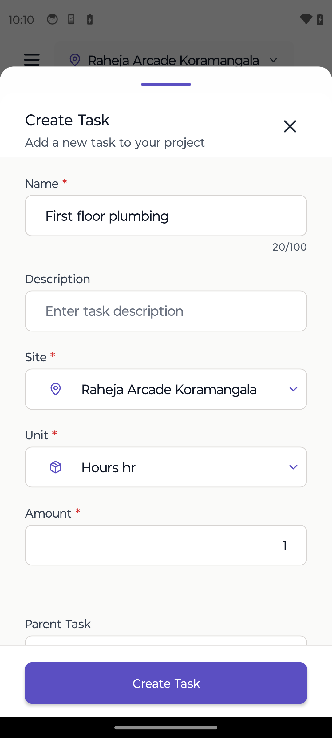 Karyati Create Task Screen - Add new tasks to your construction project